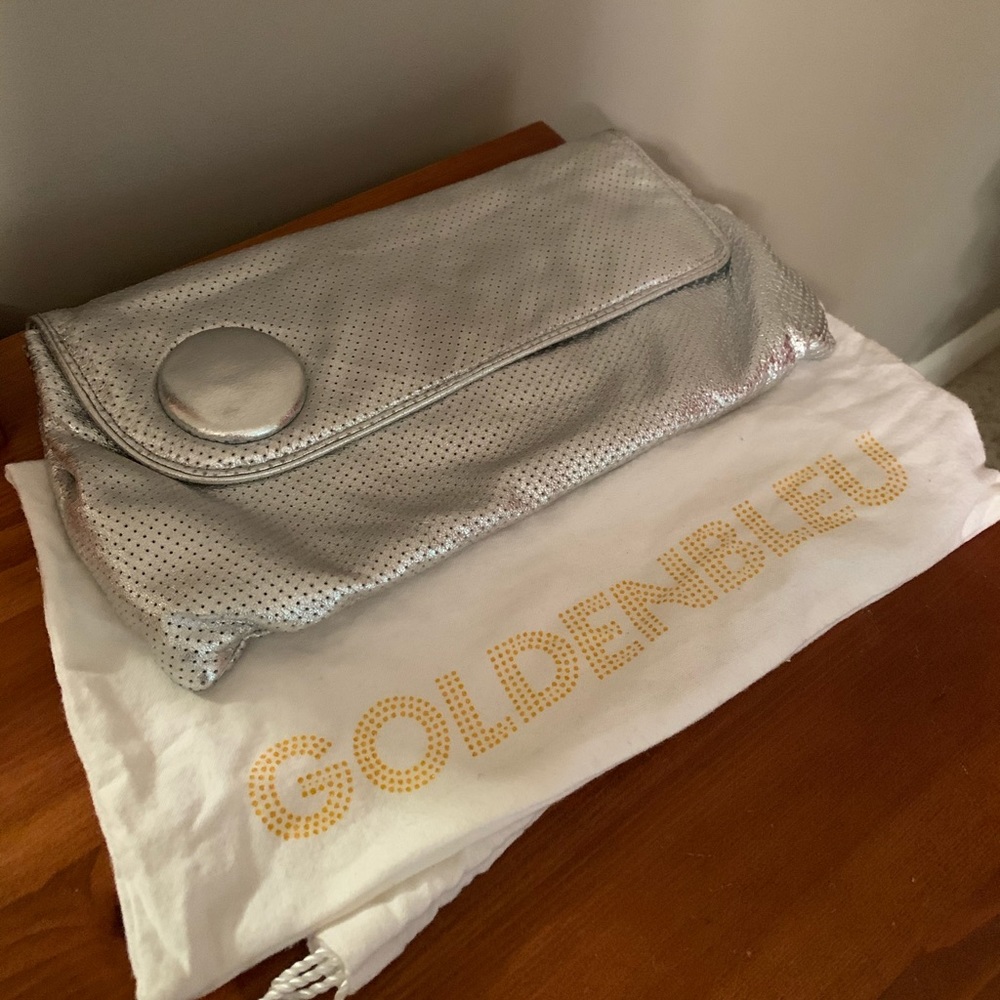 GoldenBleu soft silver leather clutch